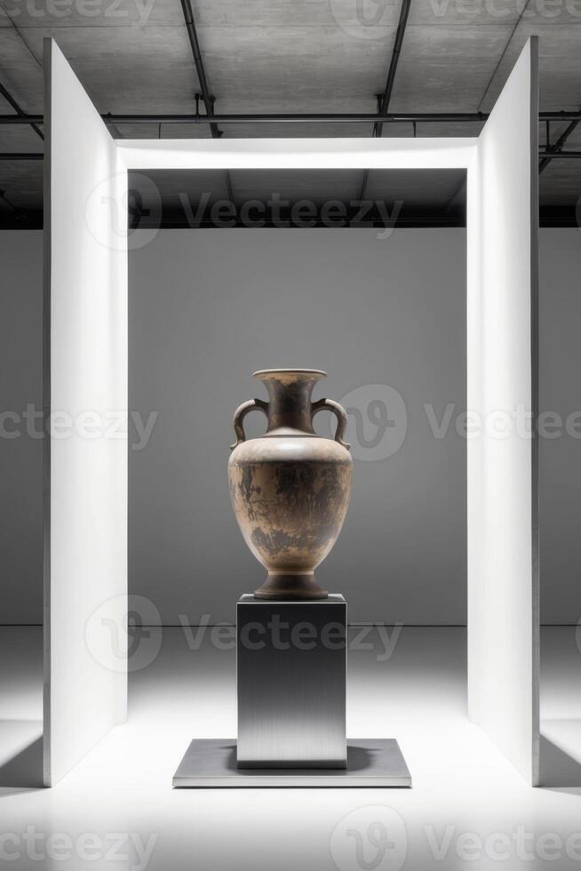 A large vase sitting on a pedestal in a white room photo