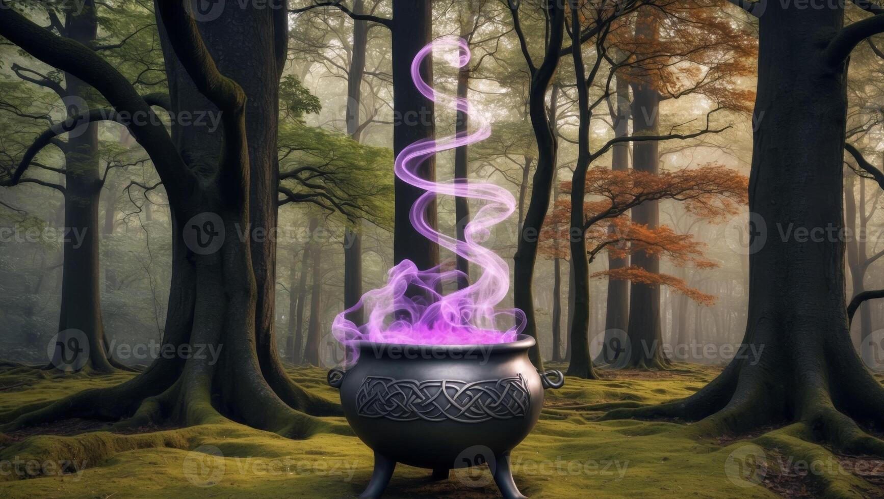 A cauldron with purple smoke coming out of it in the woods photo