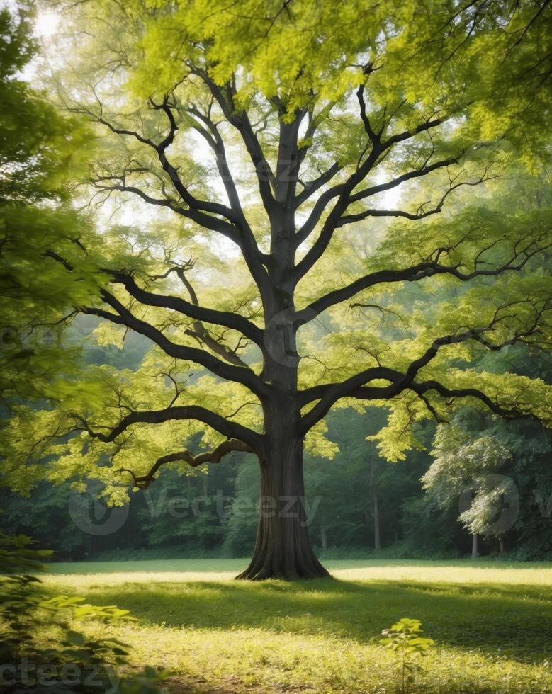 A large tree in the middle of a green field photo