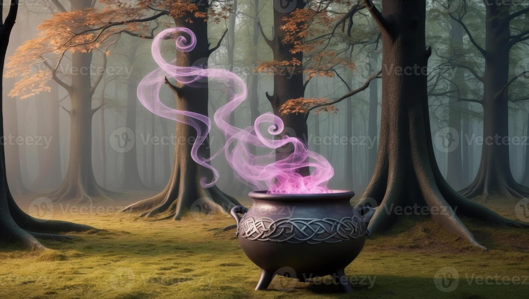 A cauldron with smoke coming out of it in the woods photo