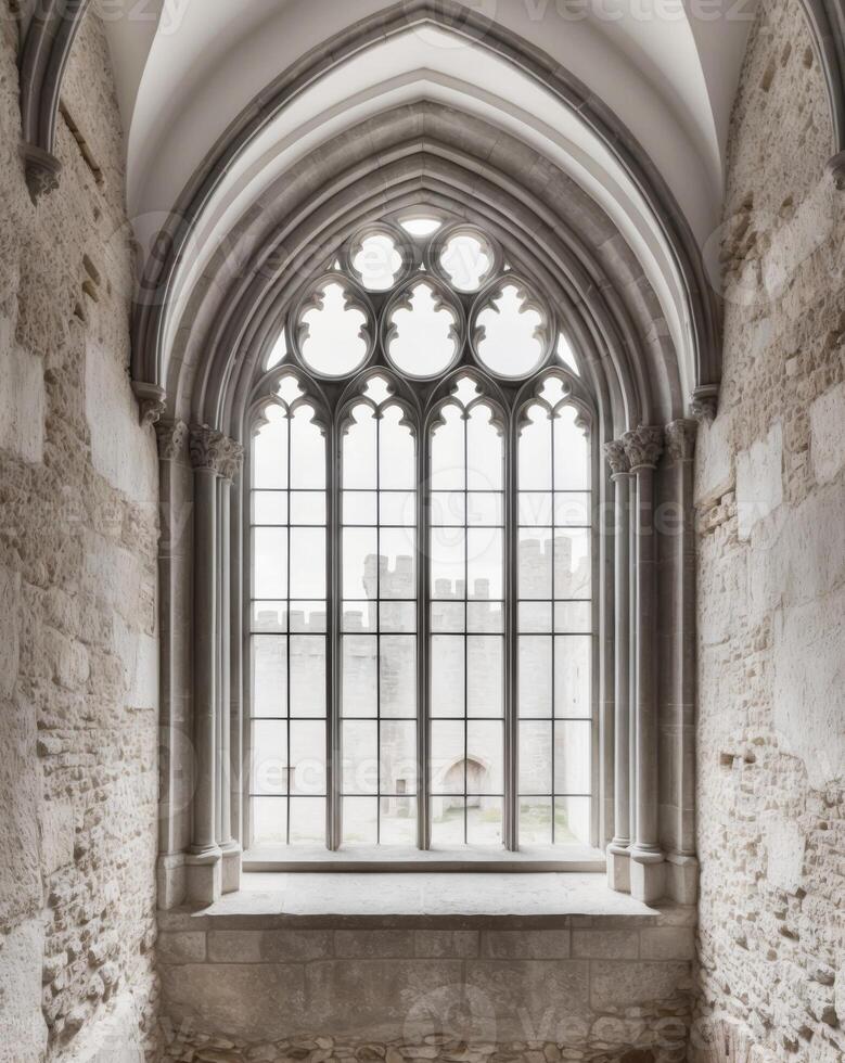 A large window in a stone building with a stone floor photo
