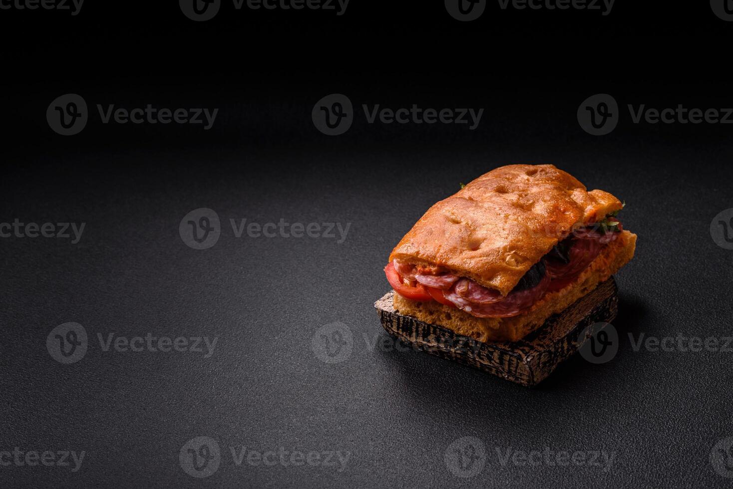 Focaccia with salami, cheese, tomatoes, arugula, salt, spices and herbs photo
