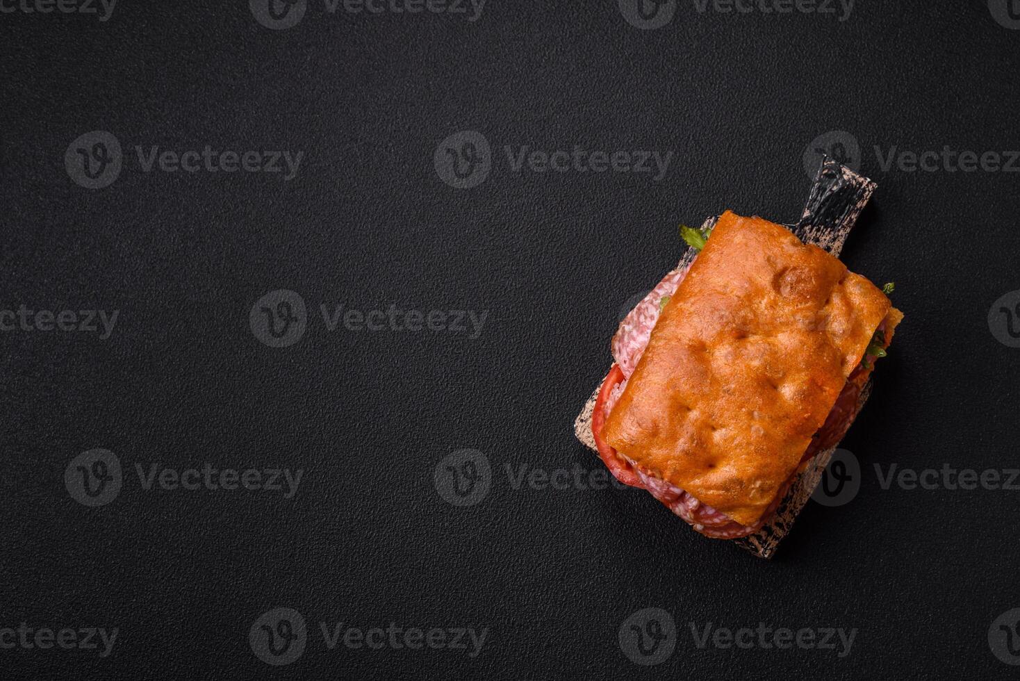 Focaccia with salami, cheese, tomatoes, arugula, salt, spices and herbs photo