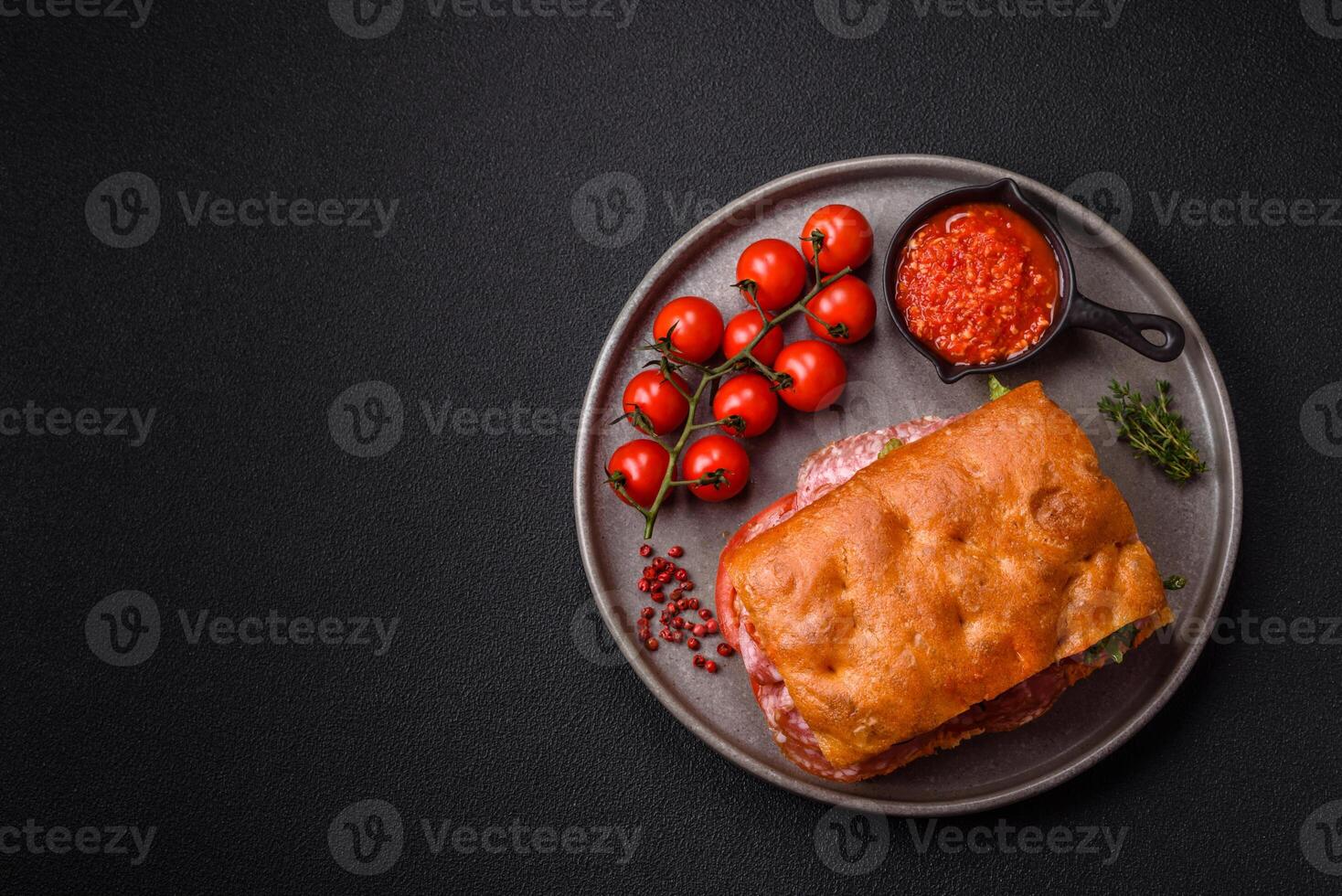 Focaccia with salami, cheese, tomatoes, arugula, salt, spices and herbs photo