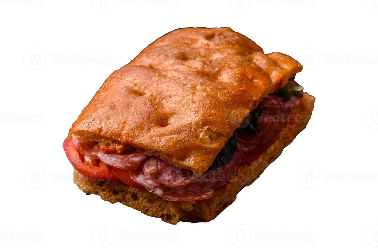Focaccia with salami, cheese, tomatoes, arugula, salt, spices and herbs photo