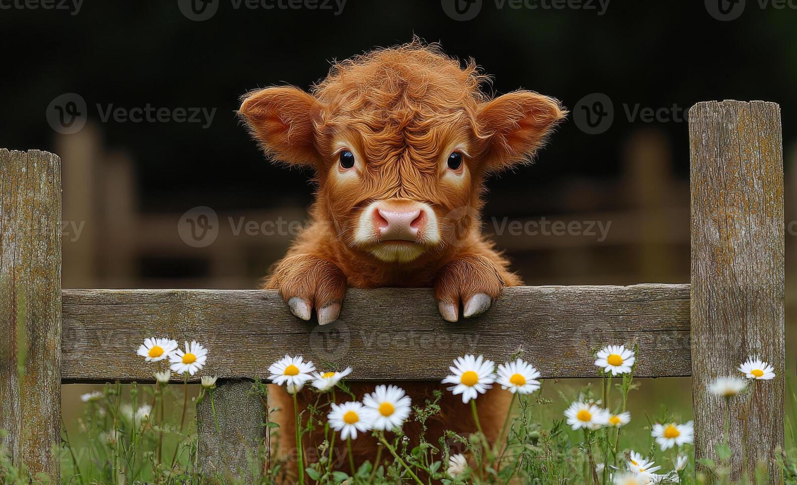 Calf in a spring flower meadow. A curious calf leans over a wooden fence, surrounded by blooming daisies in a lush green meadow during spring. photo