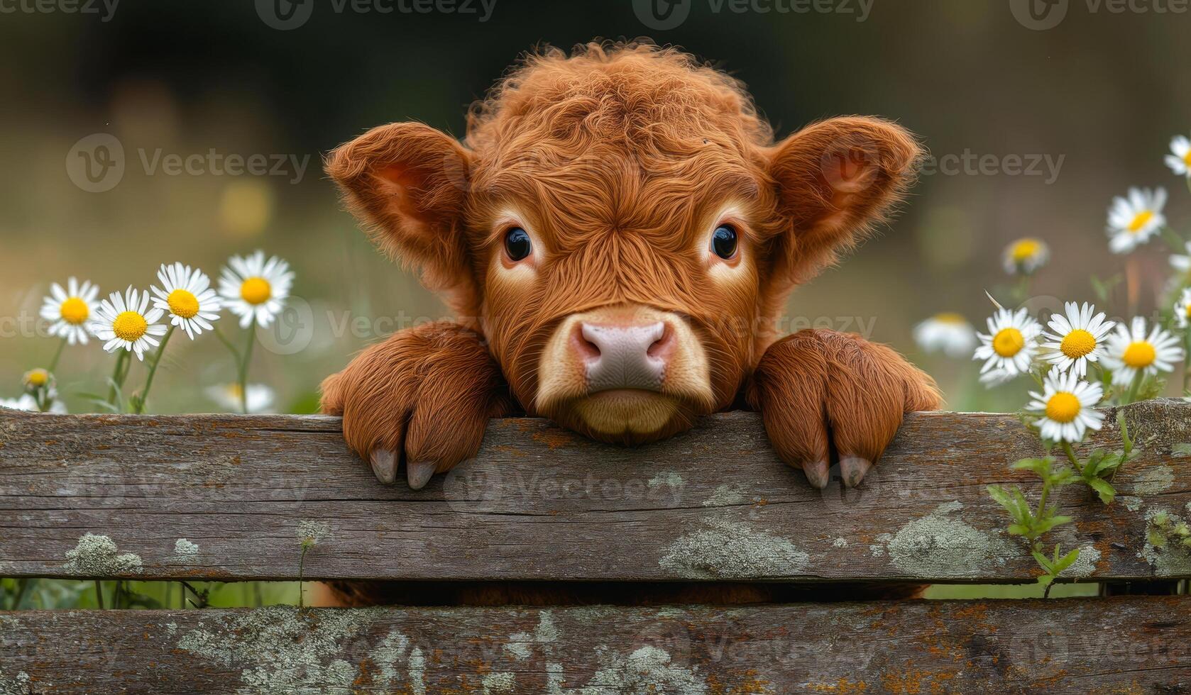 Calf peeking over a wooden fence. A young calf looks over a rustic fence, surrounded by blooming daisies on a sunny day, embodying countryside charm. photo