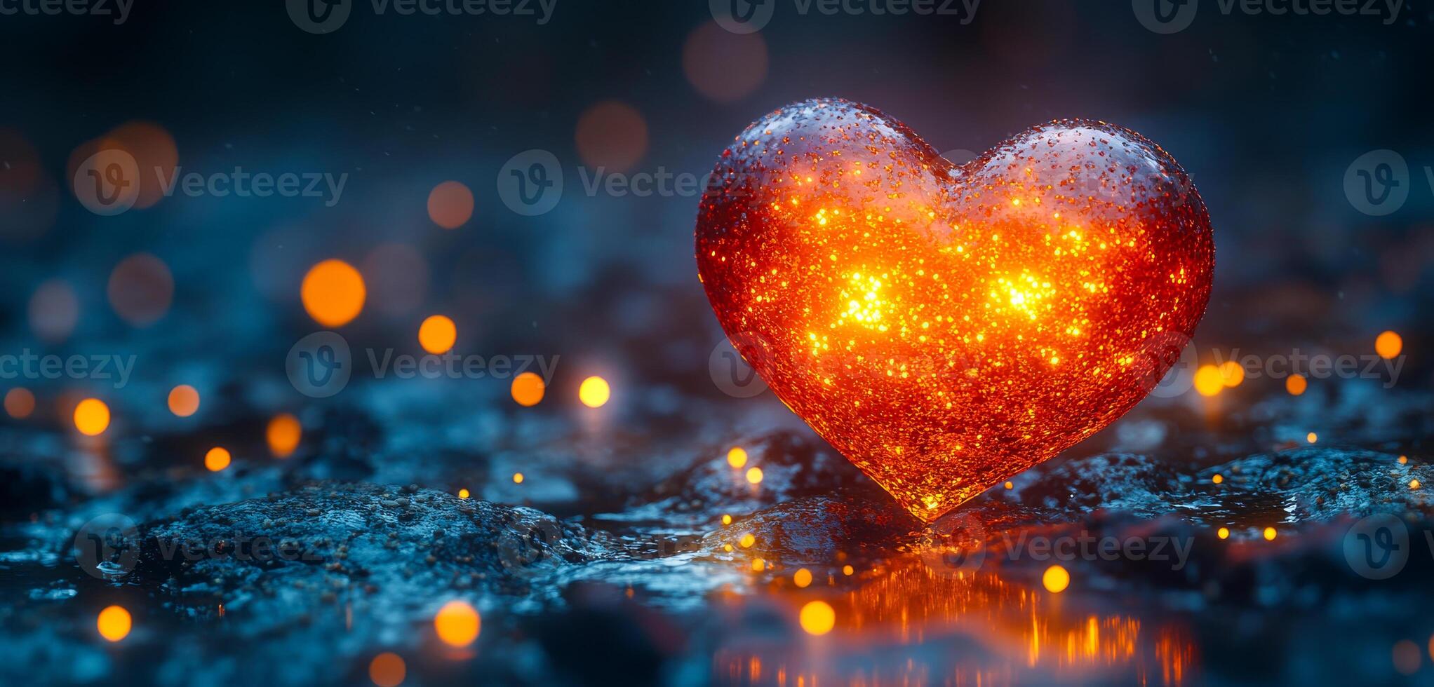 Glowing red heart on a wet surface at night. A vibrant red heart shape glows warmly amidst a dark, wet surface, surrounded by soft glowing lights at night. photo
