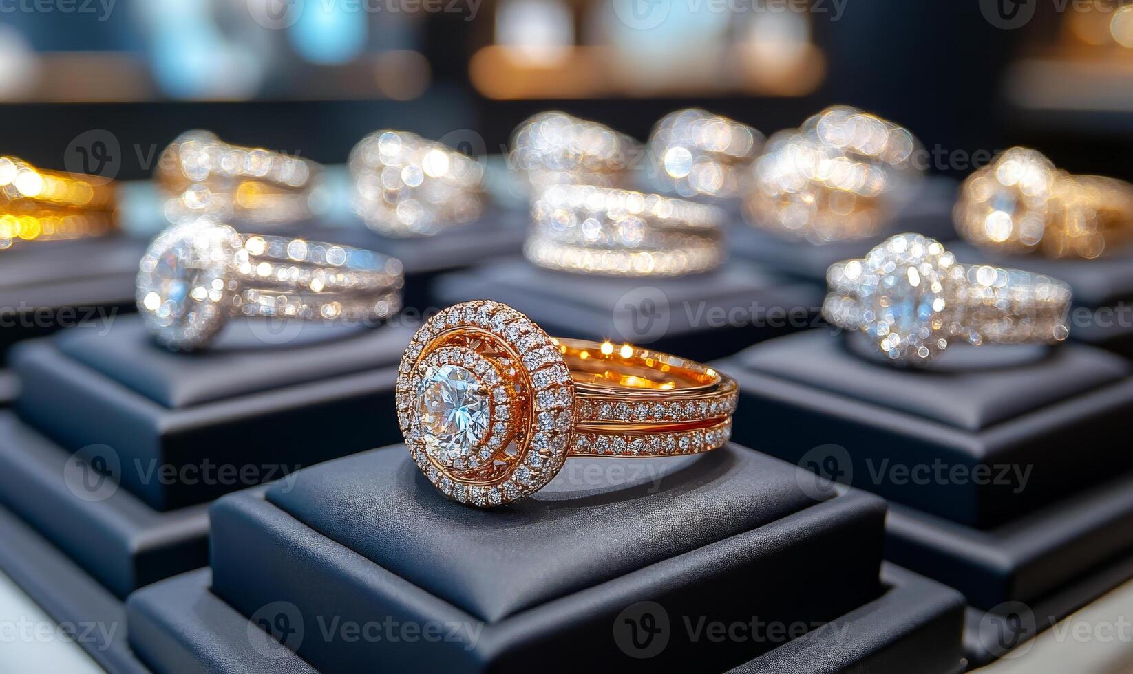 Elegant diamond rings displayed in a jewelry store. A stunning collection of diamond rings showcases intricate designs and sparkling gems, highlighting luxury and craftsmanship in a store. photo