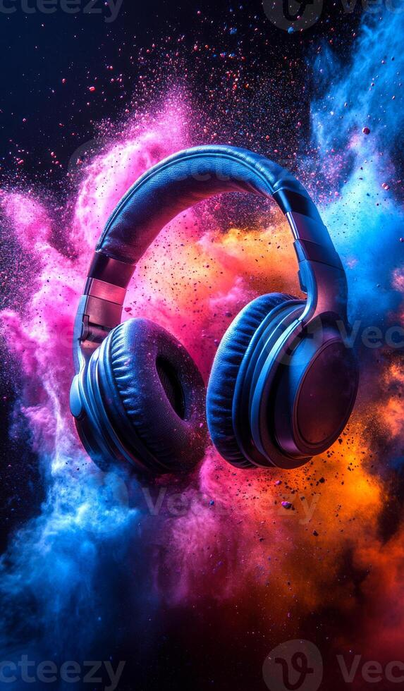 Colorful headphones in vibrant smoke. Vibrant smoke in various colors envelops a set of headphones, creating an artistic and dynamic visual display. photo