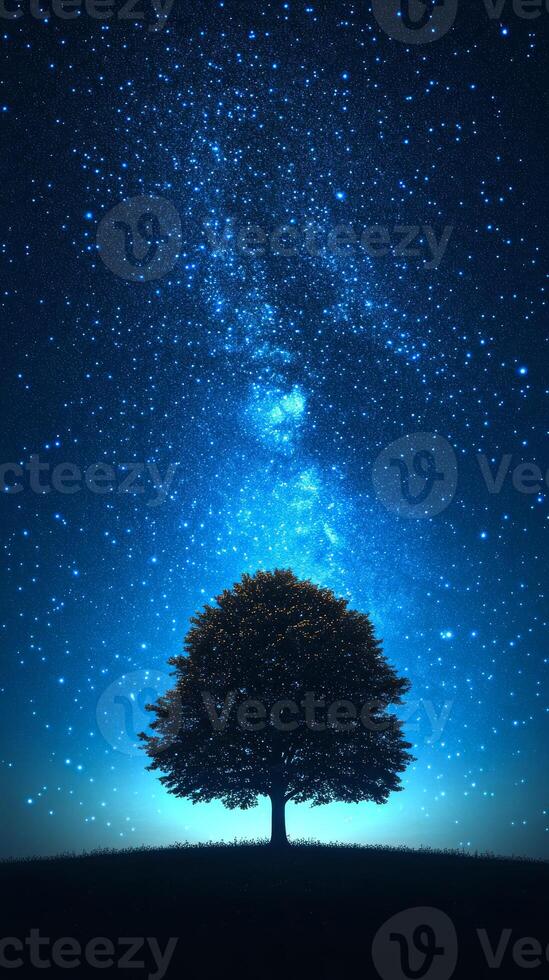 A solitary tree under a starry night sky. A solitary tree stands on a hillside, illuminated by a brilliant star-filled sky, creating a serene nighttime atmosphere. photo