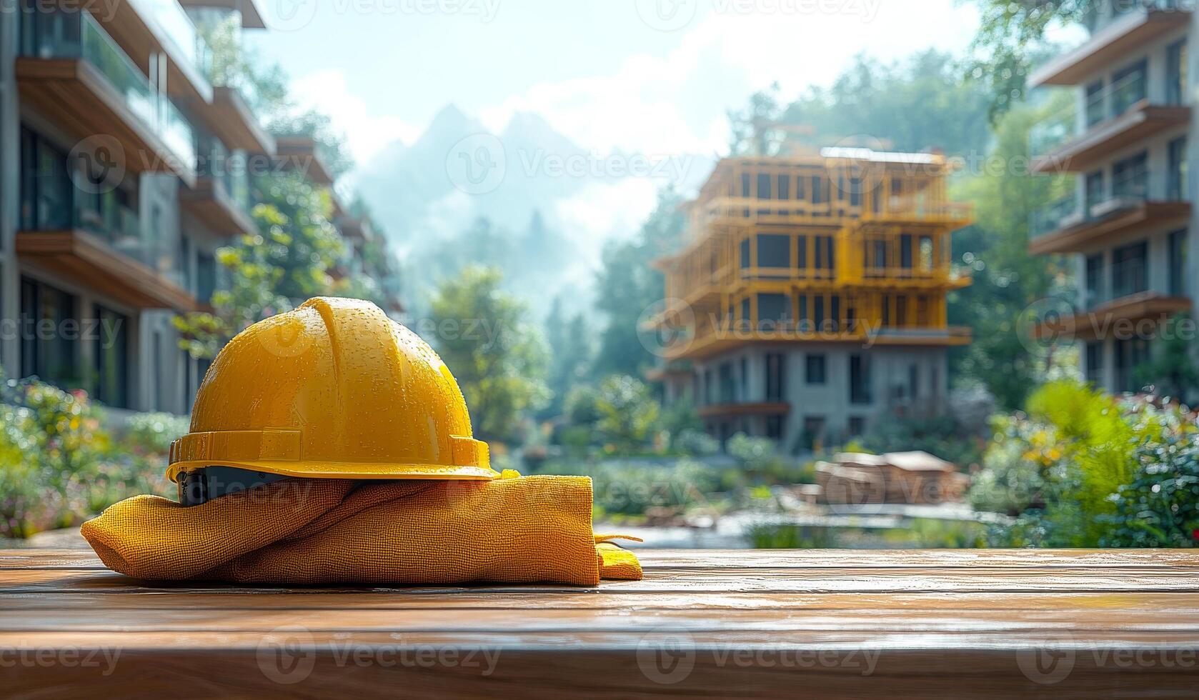Safety gear on sunny construction site. A yellow construction helmet rests on a wooden table near a building site surrounded by trees and mountains under clear skies. photo