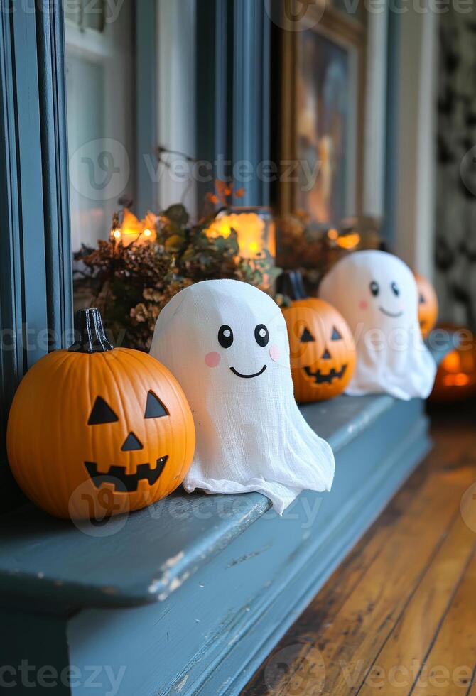 Festive pumpkins and ghost decor. A cozy display of smiling ghost decorations and carved pumpkins on a windowsill, bringing festive spirit to the home. photo
