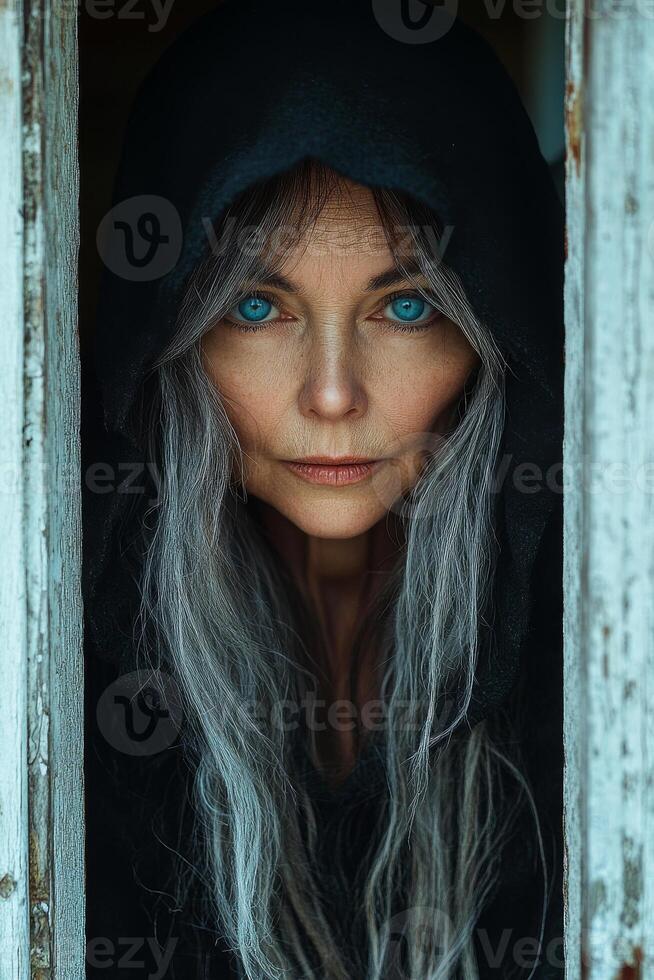 Mysterious woman with striking blue eyes at dusk. A woman with long gray hair and vibrant blue eyes gazes intently from a worn wooden doorway as twilight approaches. photo
