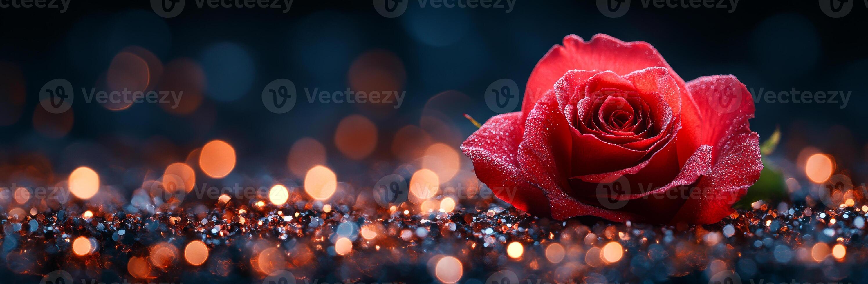 A single red rose with glimmering beads of water. A red rose rests elegantly on a dark surface, adorned with glimmering droplets, creating a romantic and serene atmosphere. photo