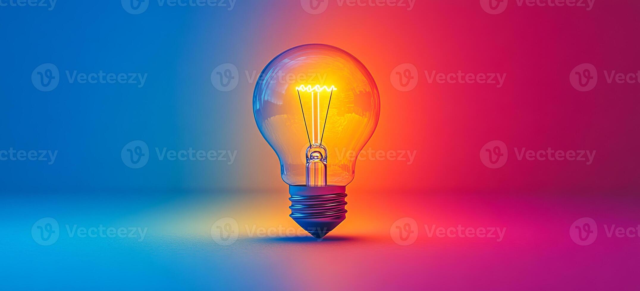 Vibrant glowing bulb on gradient backdrop. A vibrant light bulb emits warm orange and yellow light, surrounded by a smooth blue and purple gradient background. photo
