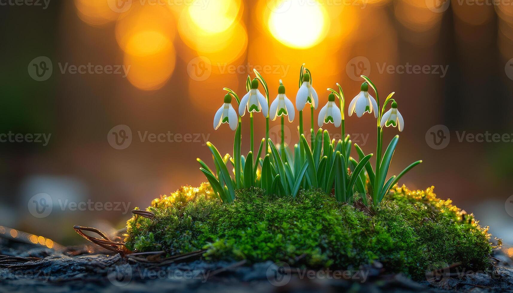 Snowdrops bloom on mossy ground at sunset. Delicate snowdrops emerge from lush moss as the sun sets, casting a warm glow over the serene forest landscape. photo