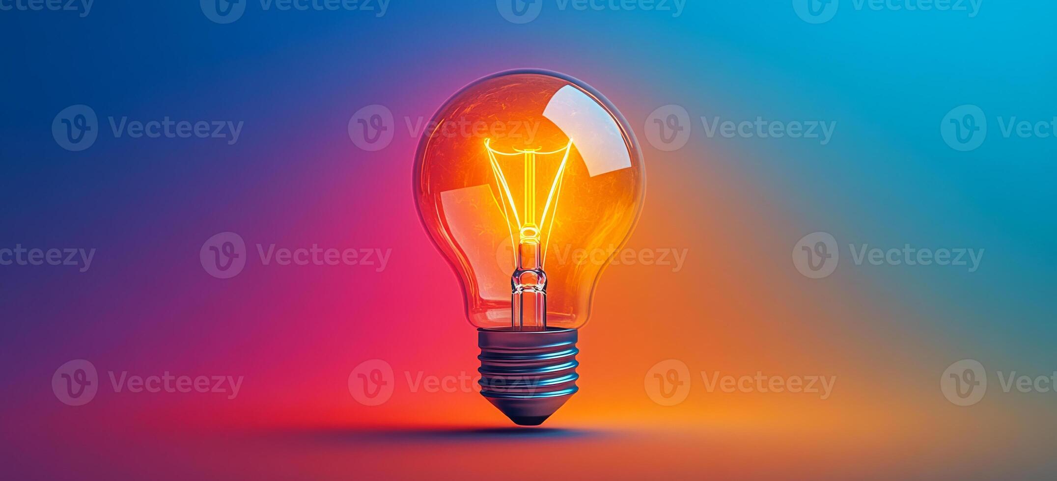 Bright bulb on a colorful background. The brass light bulb emits a warm glow against a colorful gradient, creating a striking visual contrast at twilight. photo