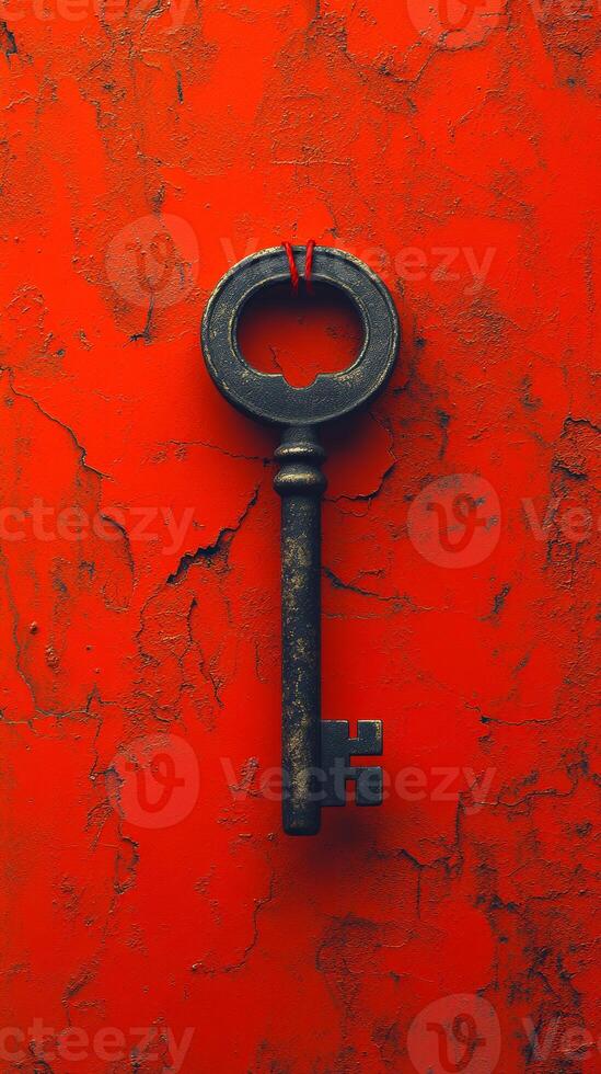 Vintage key hanging on a textured red wall. An old metal key is secured with a red thread against a vibrant red textured wall, creating a striking visual contrast. photo