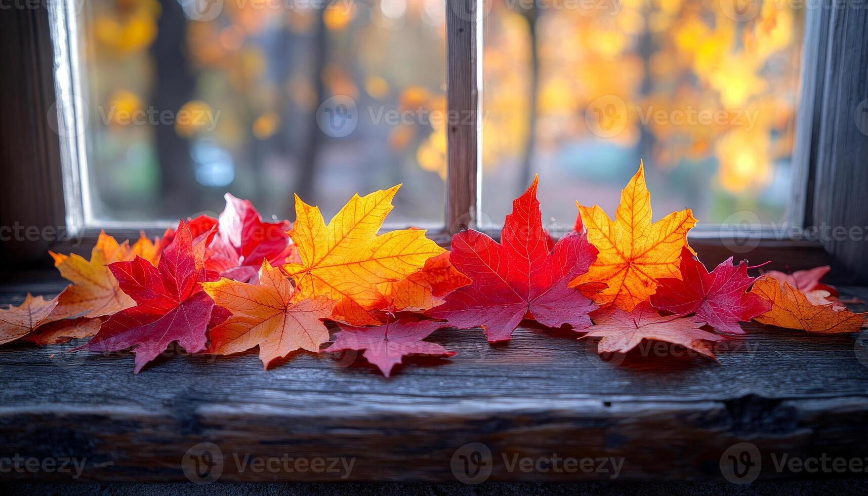 Vibrant autumn leaves resting on a windowsill. Colorful red and orange autumn leaves are placed on a rustic windowsill with sunlight filtering through the window. photo