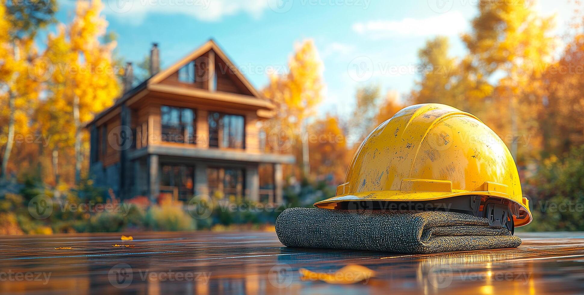 Cozy autumn house by construction site. A yellow hard hat rests on a folded gray cloth, with a scenic autumn house backdrop surrounded by colorful trees in the sunlight. photo