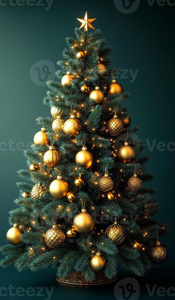 Gold-adorned elegant Christmas tree. A beautifully decorated Christmas tree stands against a dark backdrop, covered in shimmering gold ornaments and warm lights. photo