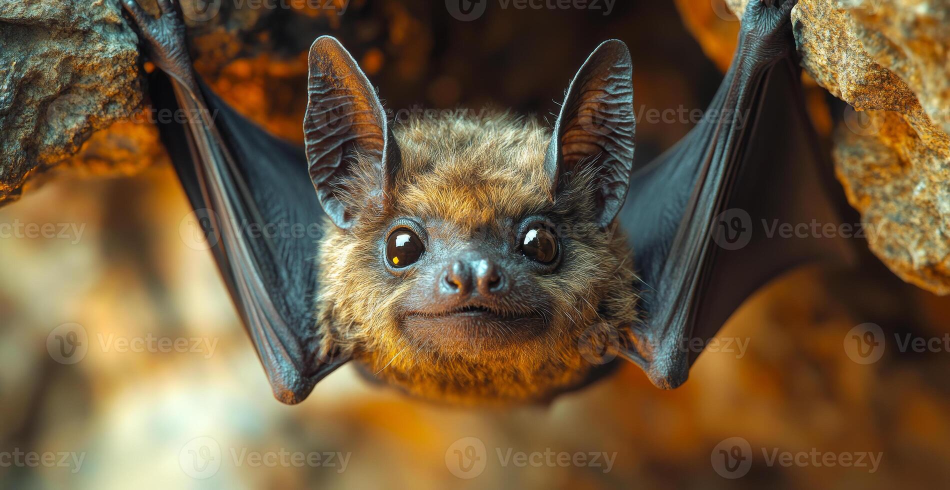 Bat hanging on rock at dusk. A small bat with wide eyes is suspended upside down from a rocky ledge, showcasing its unique features in evening light. photo