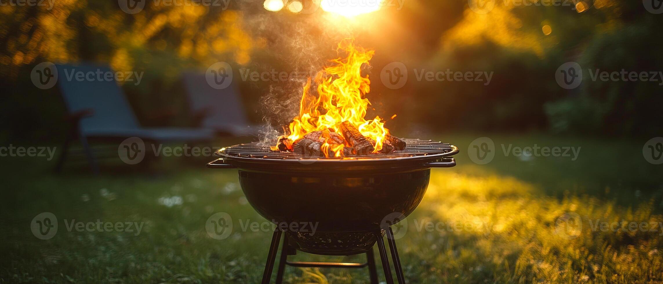 Evening barbecue with a glowing fire at sunset. A barbecue grill filled with burning logs captures the warm glow of the sun setting in the background on a serene evening. photo
