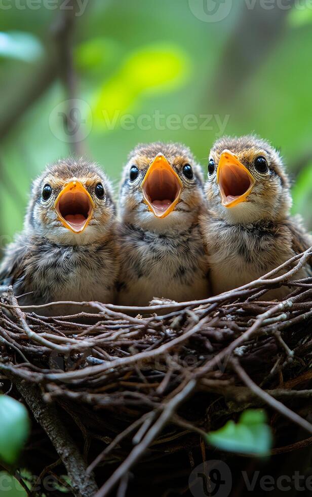 Nestling birds calling for food in a green garden. Three young birds in a nest eagerly open their beaks, waiting for food while surrounded by vibrant green foliage. photo