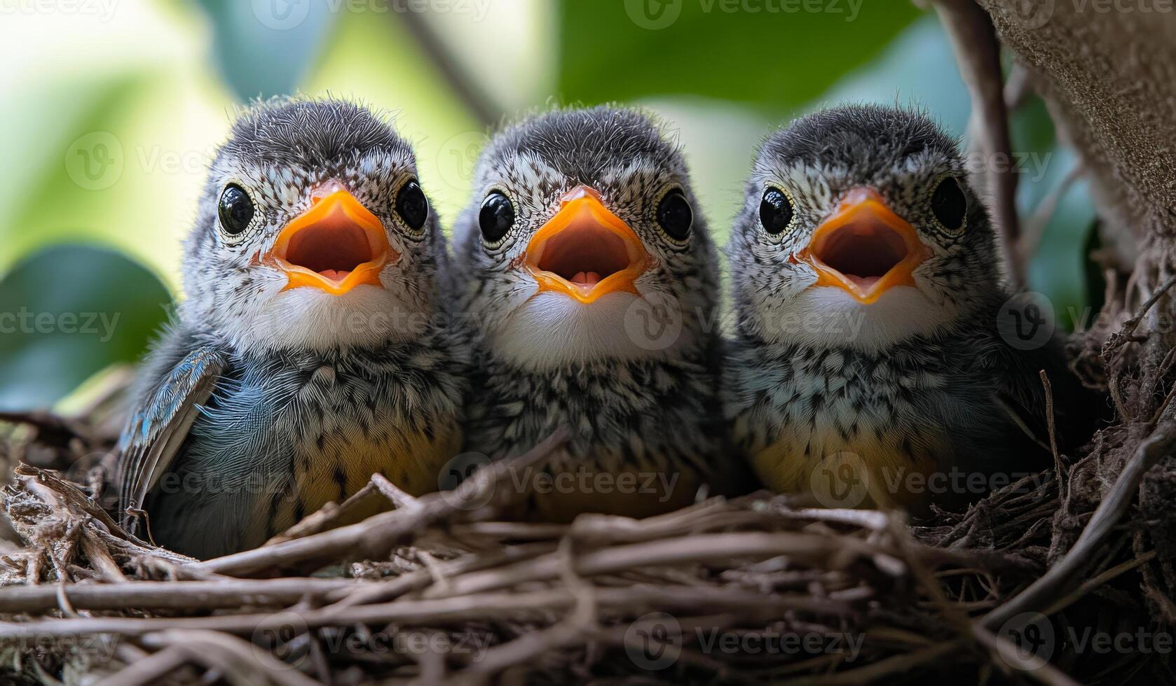 Three hungry baby birds in a nest. Three adorable baby birds sit together in their nest, eagerly awaiting food from their parents, surrounded by greenery. photo