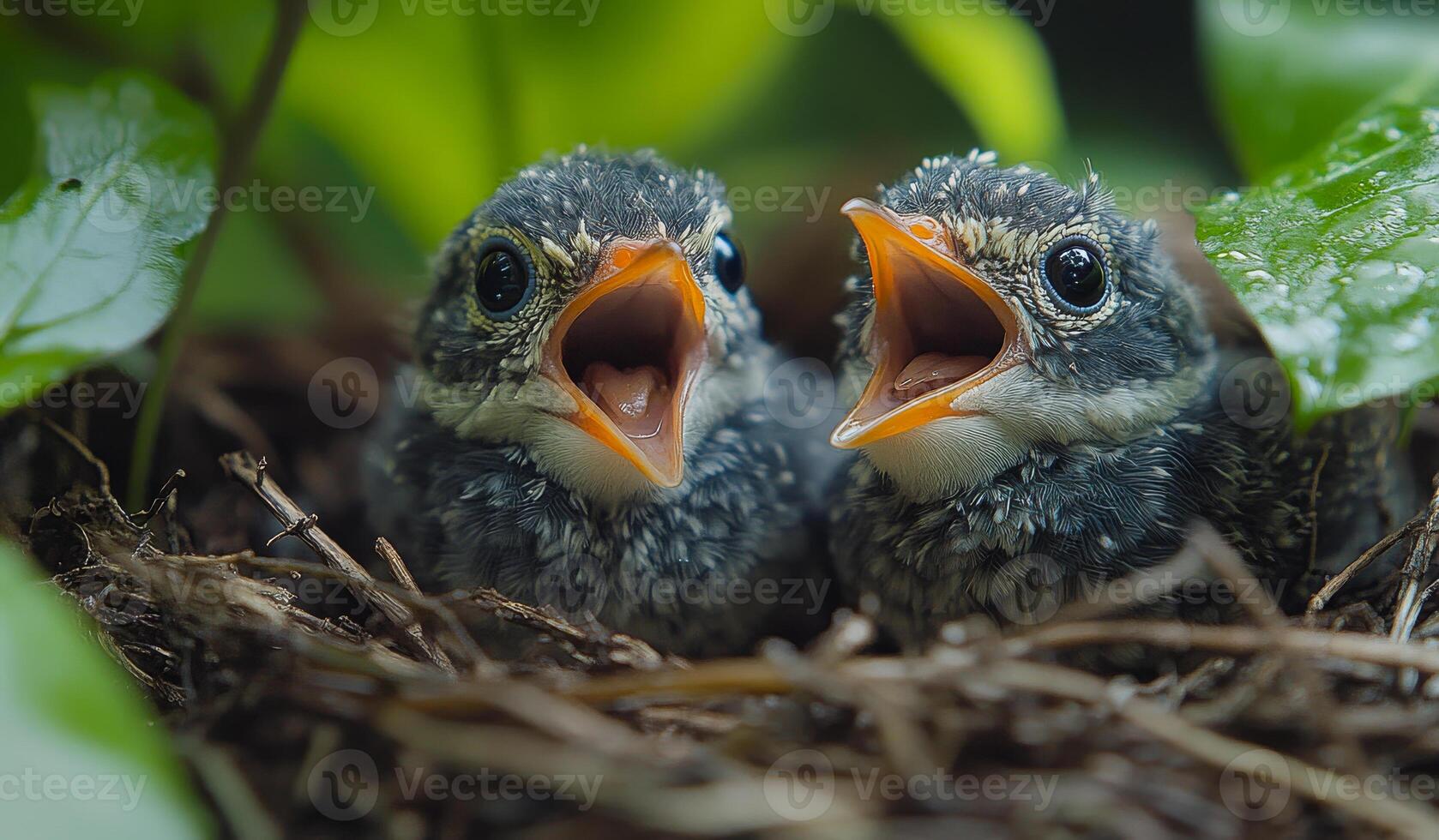 Two baby birds chirping in a nest among leaves. Two nestling birds are calling out with open beaks, surrounded by green foliage on a sunny day in their natural habitat. photo