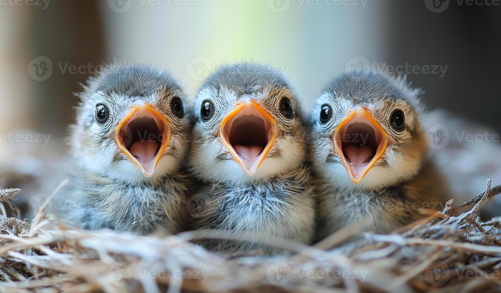 Three baby birds chirping in their cozy nest. Three adorable baby birds with open mouths chirp for food while nestled together in a soft, cozy nest. photo
