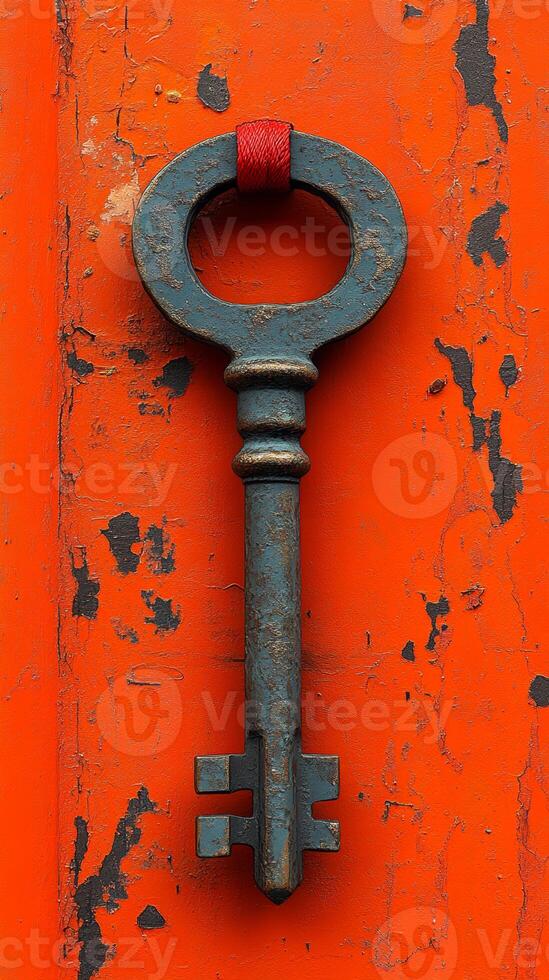 Old key on weathered orange backdrop. A large vintage key with a red ribbon sits against a vibrant, chipped orange backdrop, showcasing its intricate design and texture. photo