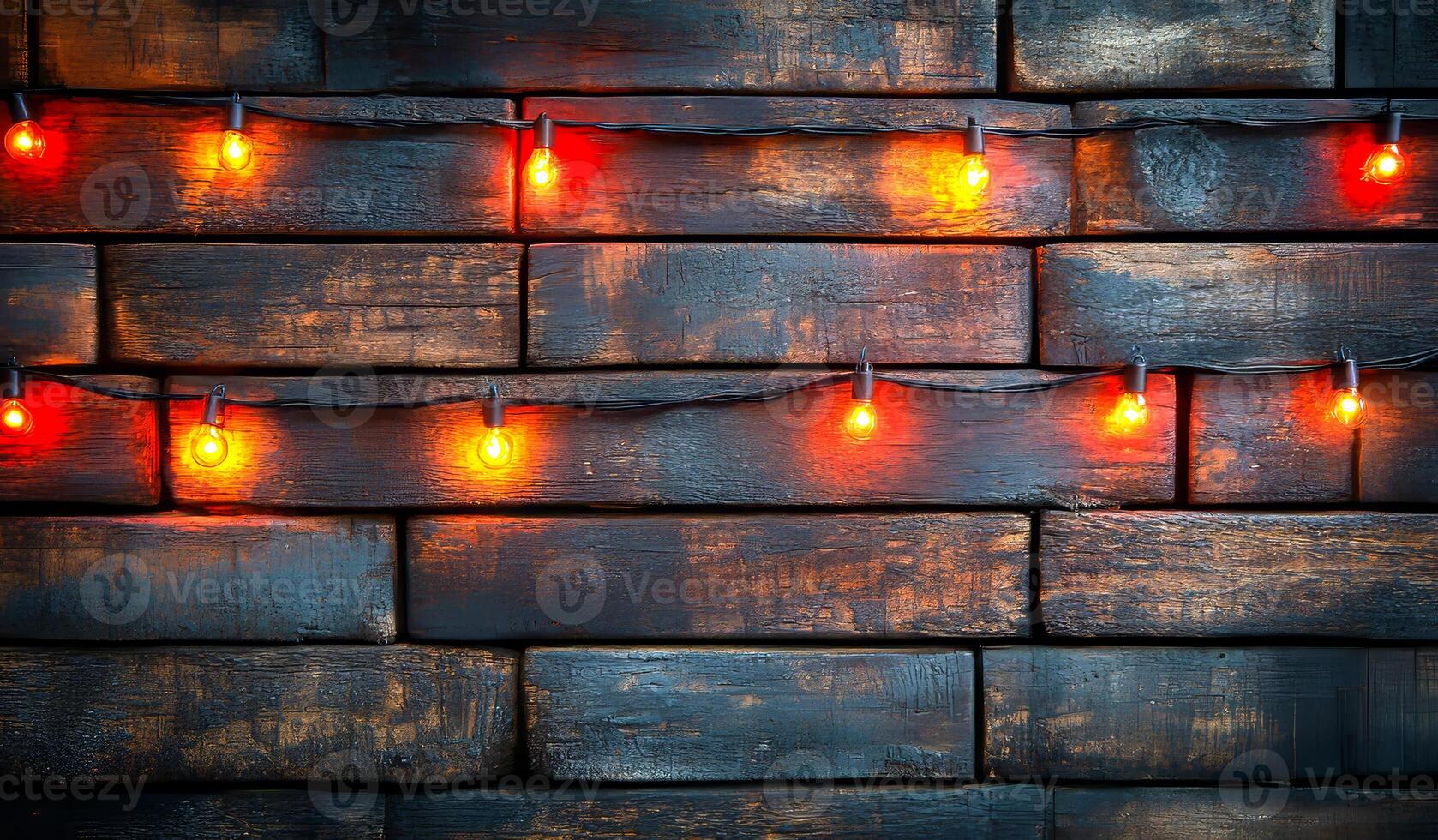 String lights shine on weathered wood wall. Twinkling orange lights shine against a rustic wooden wall, creating a warm and inviting atmosphere for evening gatherings. photo