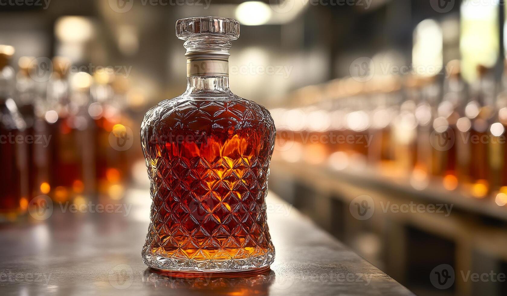 Amber liquid in elegant glass decanter. A beautifully crafted decanter stands on a countertop, showcasing a deep amber liquid amidst a backdrop of similar bottles. photo