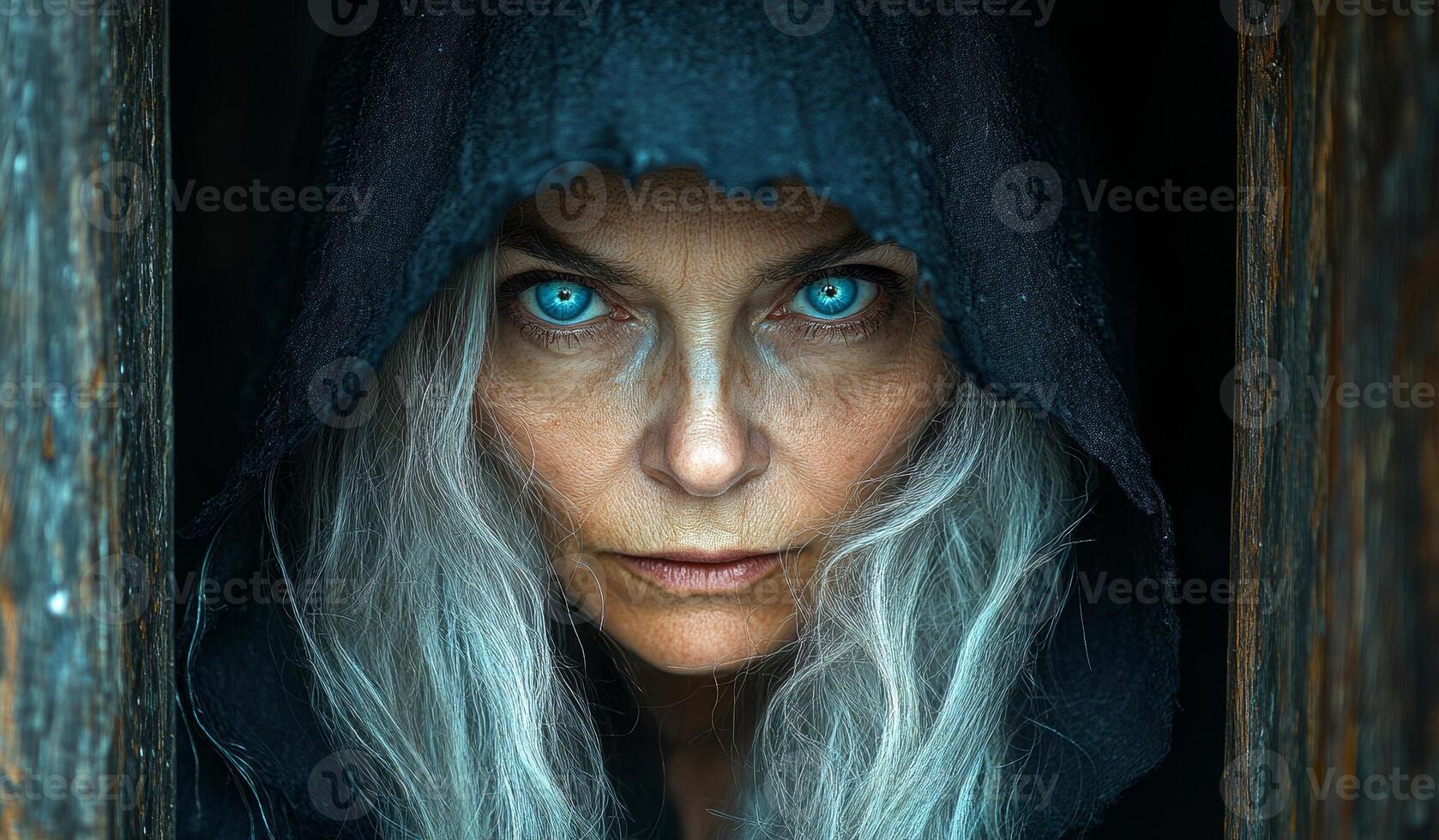 A woman with blue eyes and long hair is wearing a hooded sweatshirt. She has a pale, ghostly appearance. Old witch photo