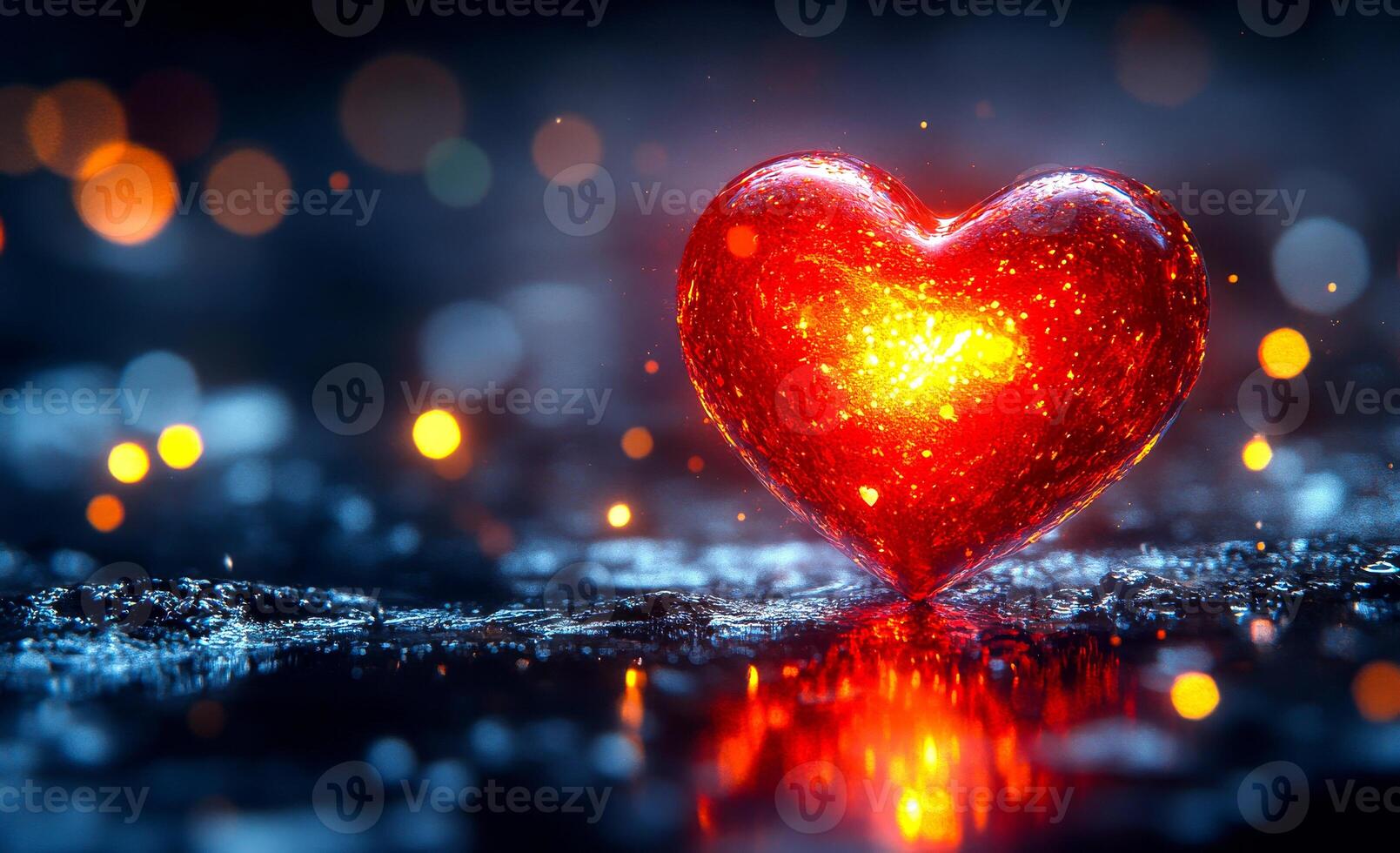 A red heart is floating on a body of water. The heart is surrounded by a blurry background, giving the image a dreamy, ethereal quality. The heart appears to be glowing, as if it is lit from within photo
