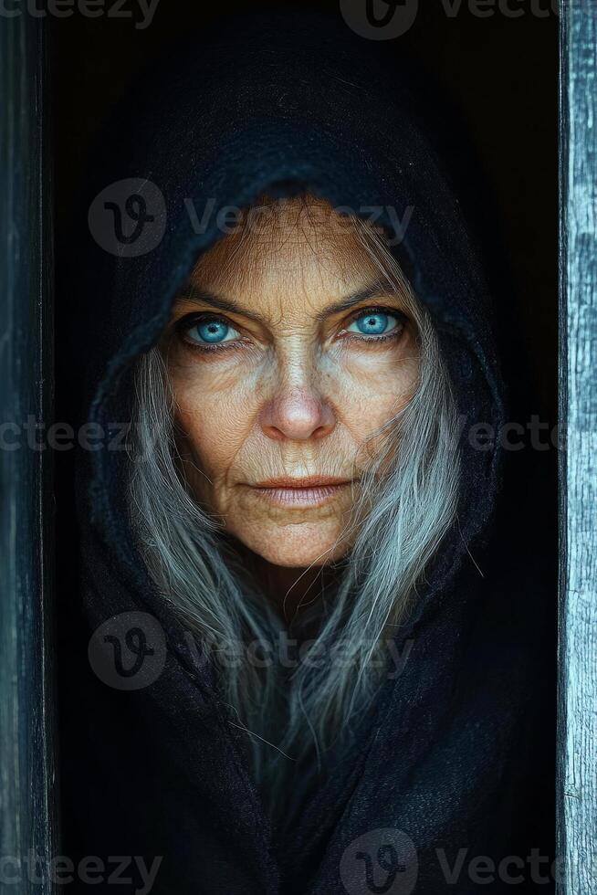 A woman with blue eyes and gray hair is wearing a black hooded cloak. She is looking directly at the camera. Old witch photo