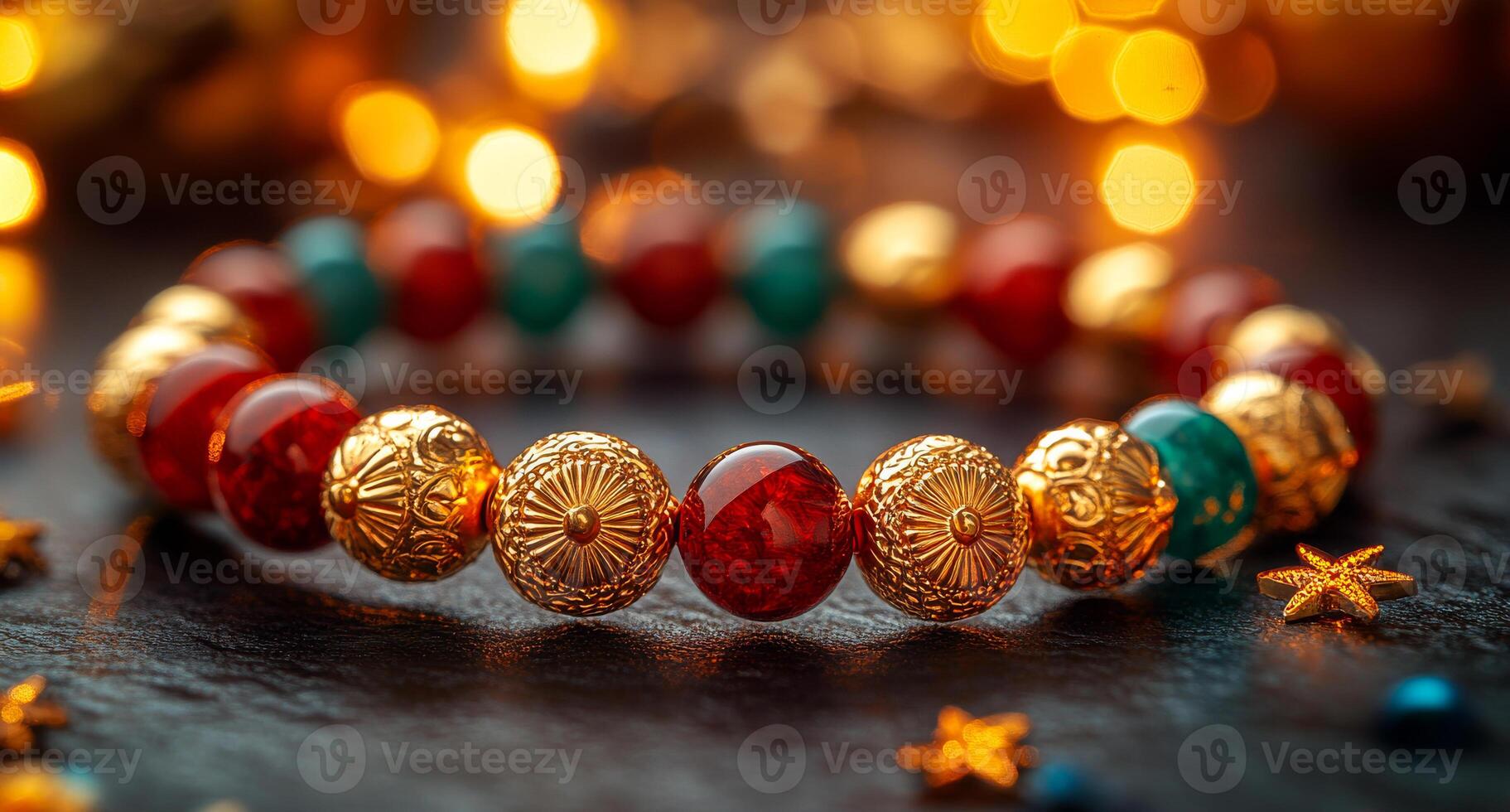 A gold and blue bracelet with red beads. The bracelet is on a table with a star and a starfish photo
