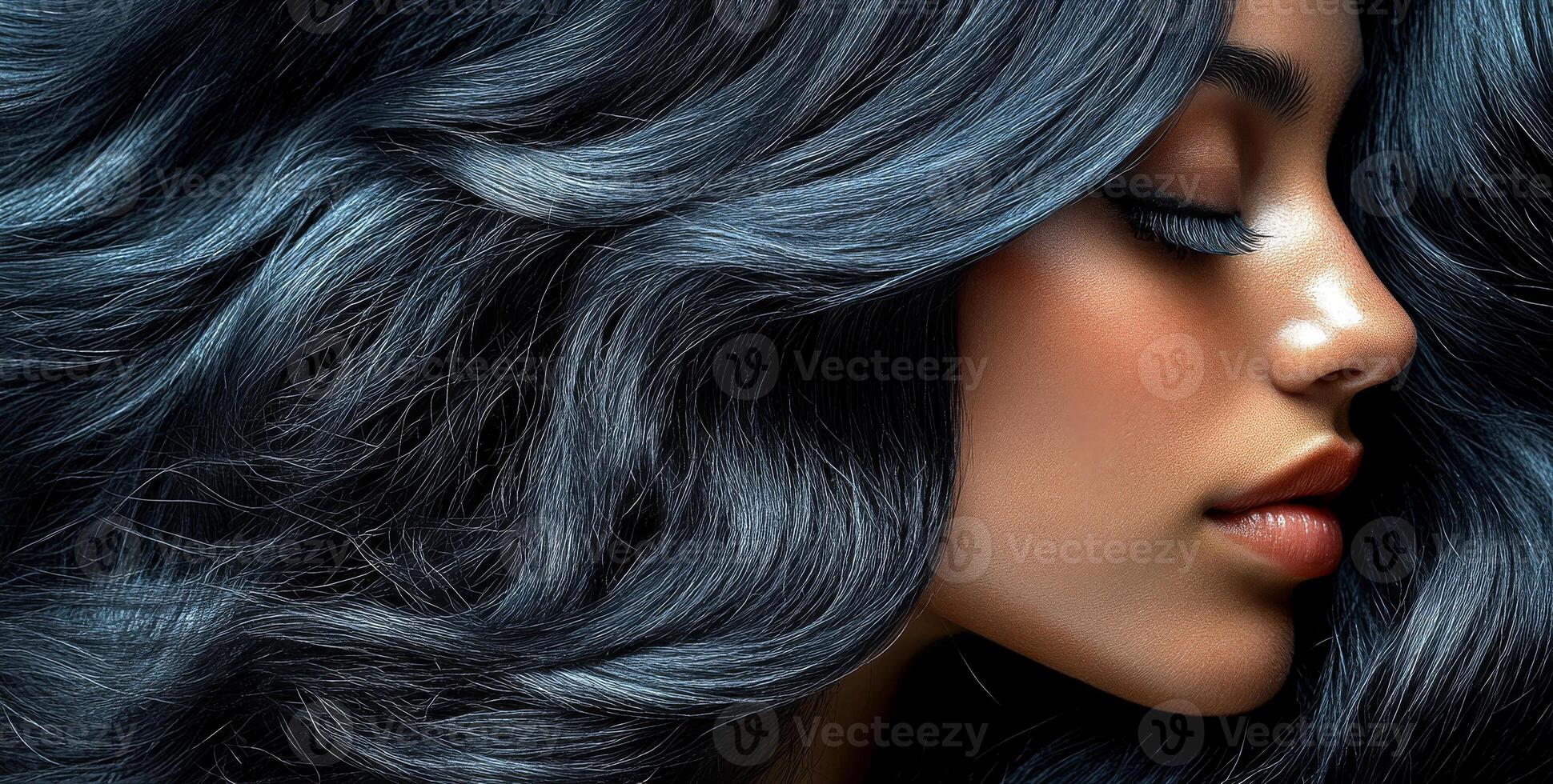 A woman with long, dark hair is shown in a blurry image. The hair is styled in a way that makes it appear as if it is falling in a cloud of dust. The woman's face is also blurred photo