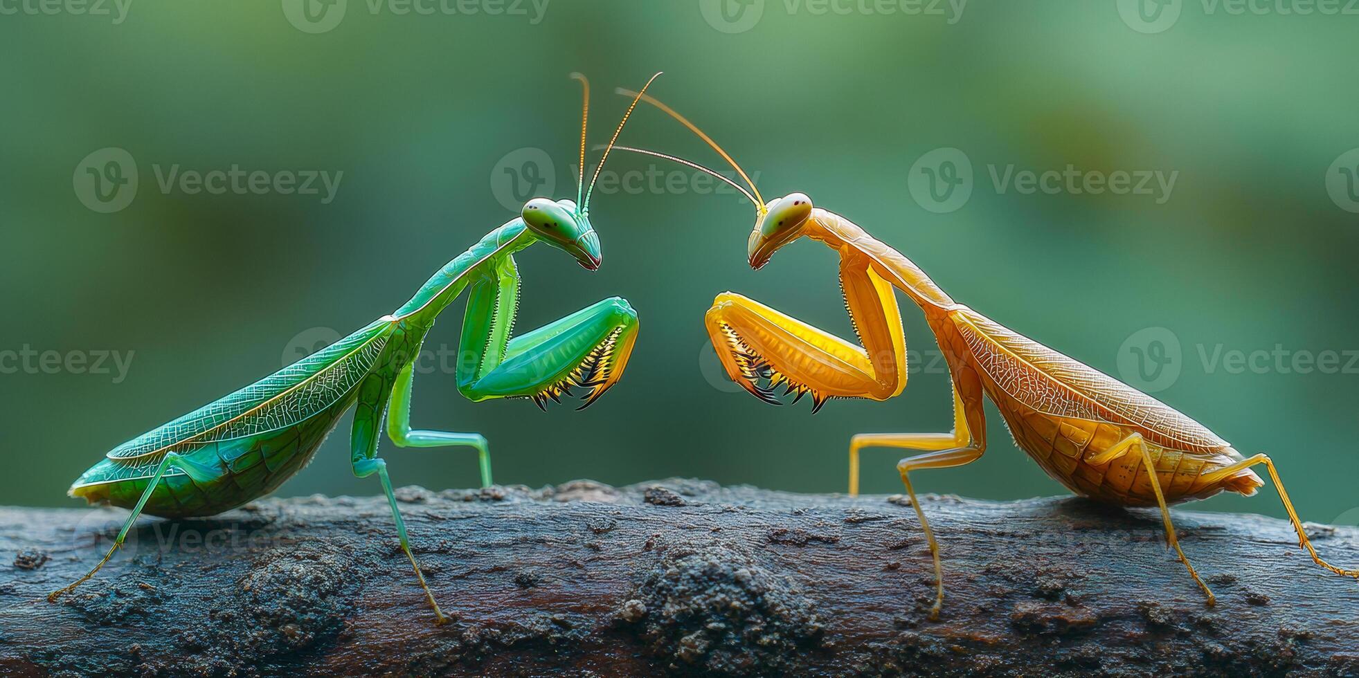 Two mantis insects are fighting on a branch. The green one is on the left and the yellow one is on the right photo