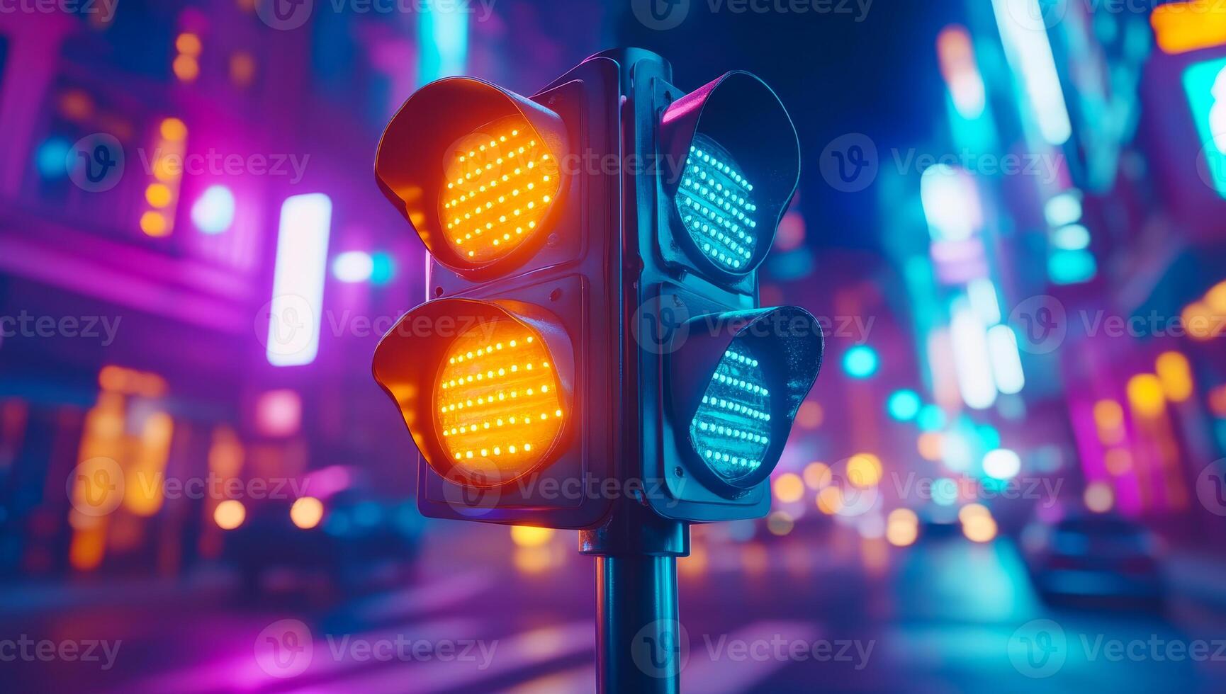 A traffic light with a yellow light is lit up in a city street. The neon lights of the city create a vibrant and energetic atmosphere photo