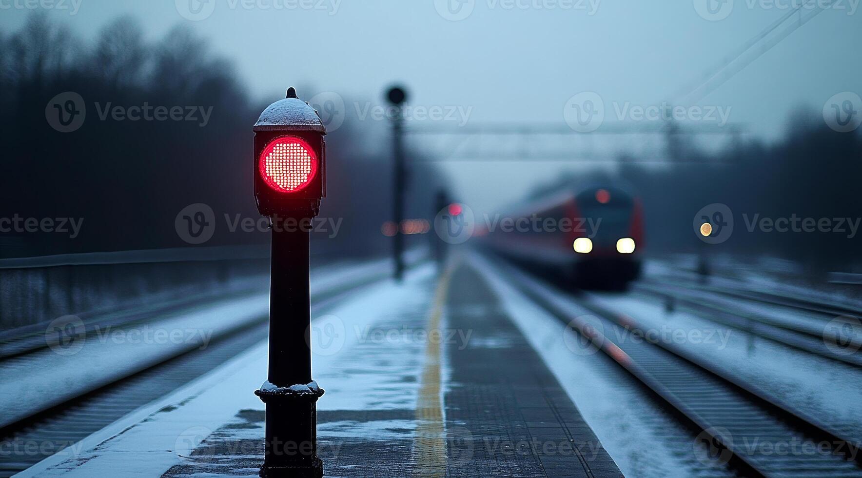 A red light is on a pole at a train station. The train is in the background. The image has a mood of quietness and stillness photo