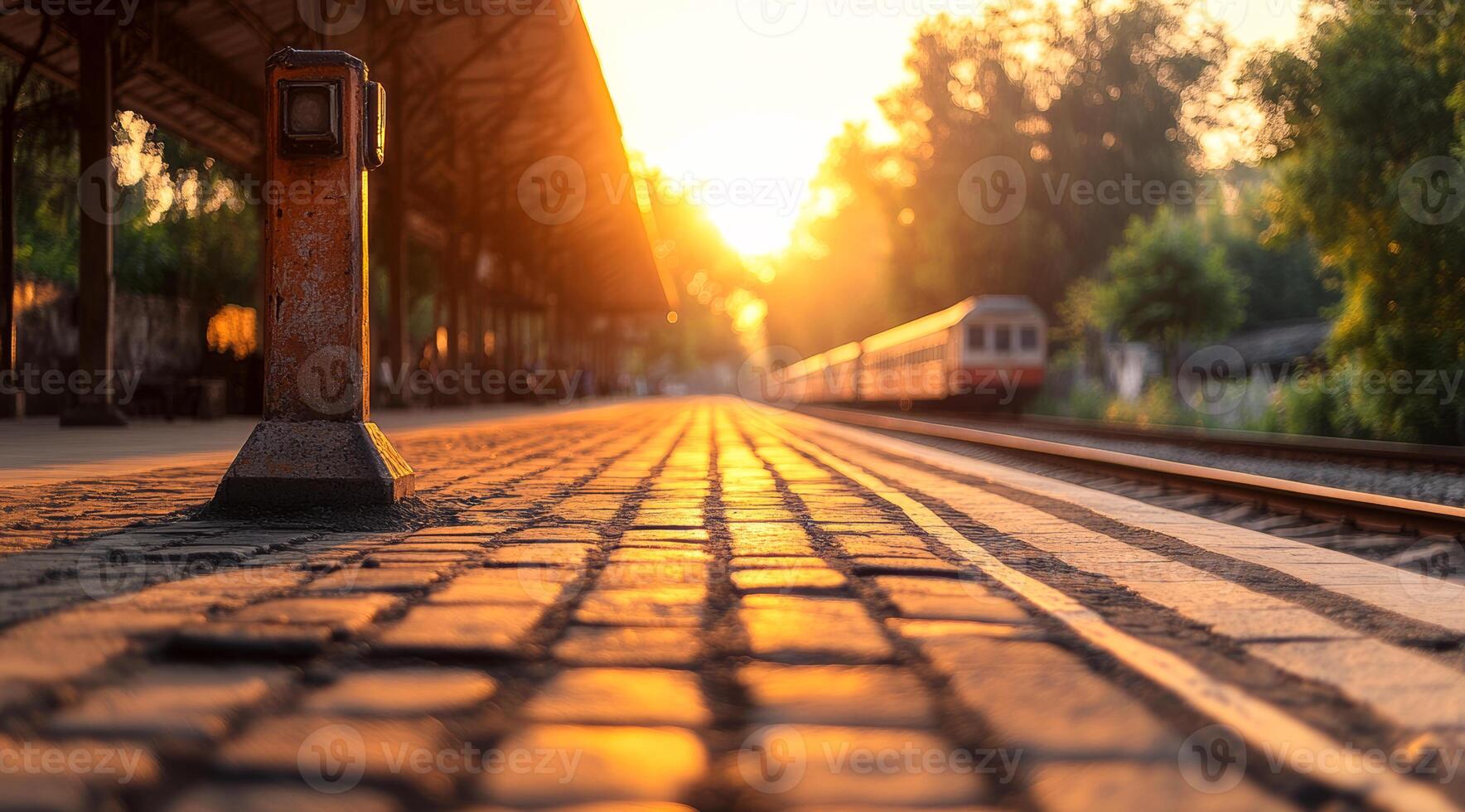 A train is sitting on the tracks at a train station. The sun is setting in the background, casting a warm glow over the scene. The train is surrounded by a brick walkway, and there are several benches photo