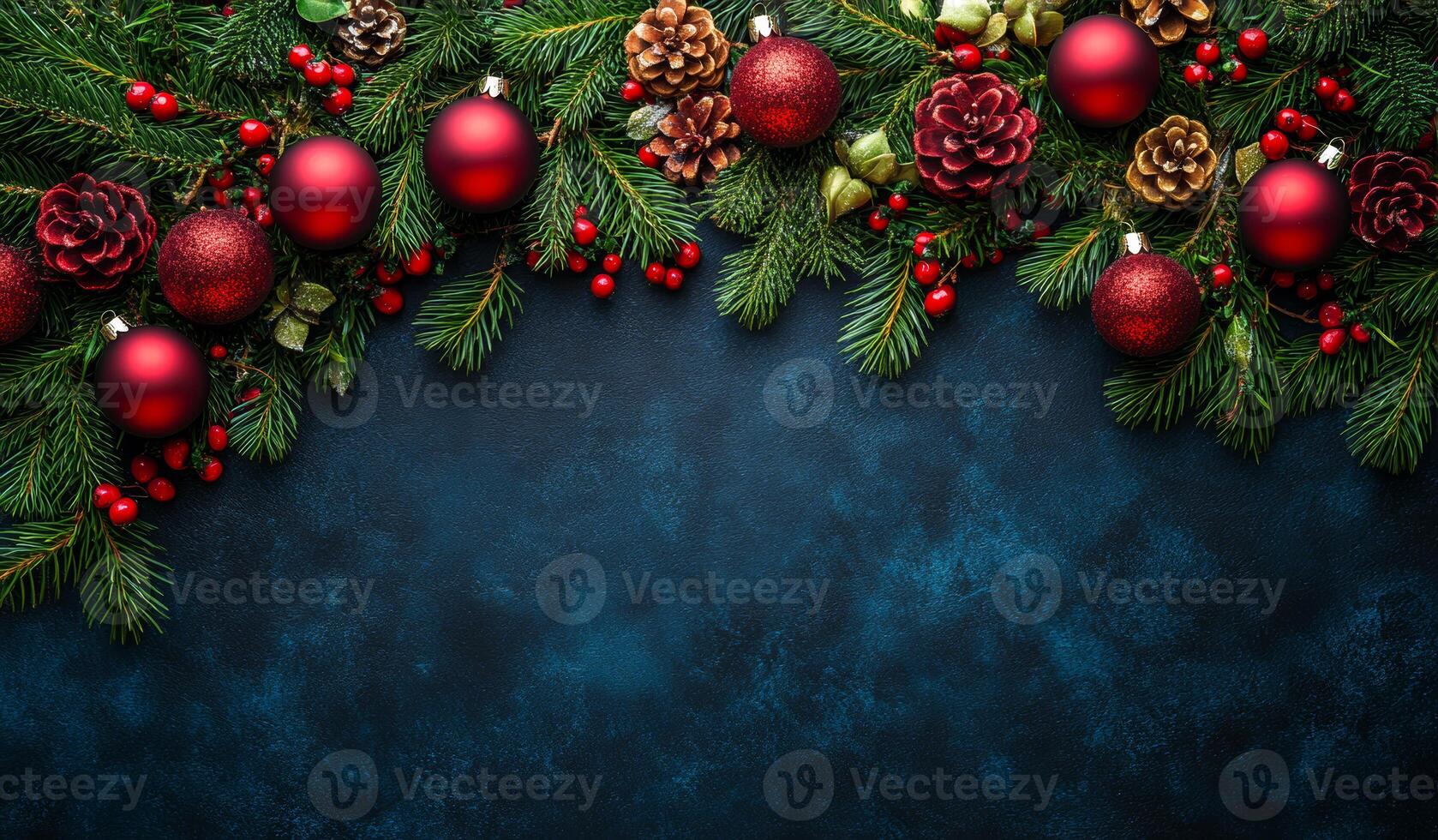 A blue background with red and green Christmas decorations. The decorations include red and green balls, pine cones, and berries photo