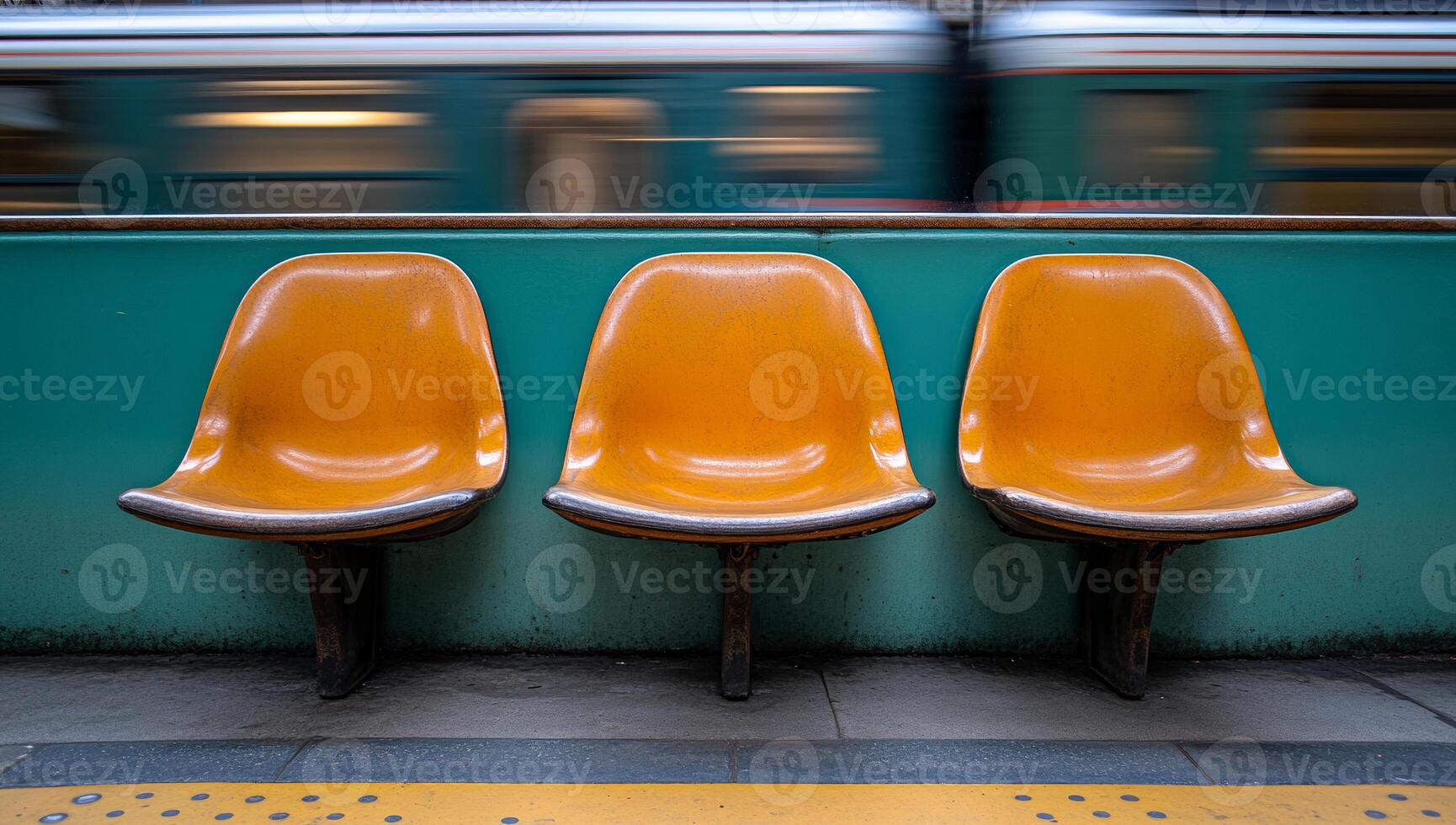 Three orange chairs are sitting on a platform next to a train. The chairs are empty and appear to be old. The train is in the background, and the platform is made of concrete photo