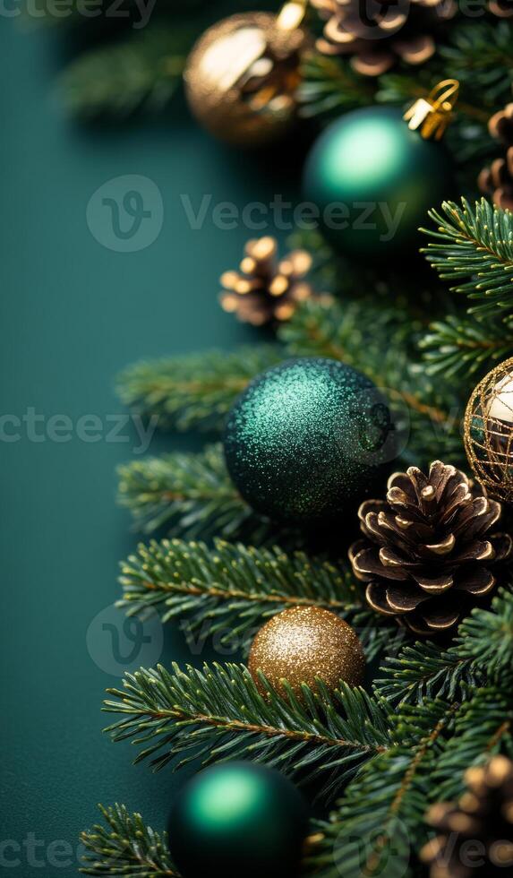 A green Christmas tree with gold and green ornaments. The tree is surrounded by a green background photo