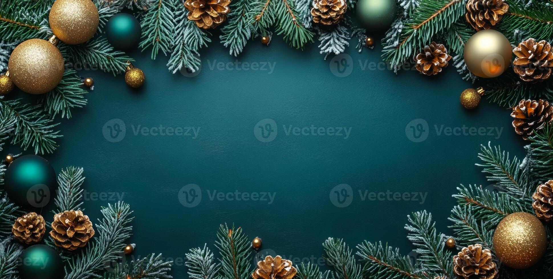 A green background with a gold and green Christmas tree. The tree is surrounded by many gold and green ornaments photo