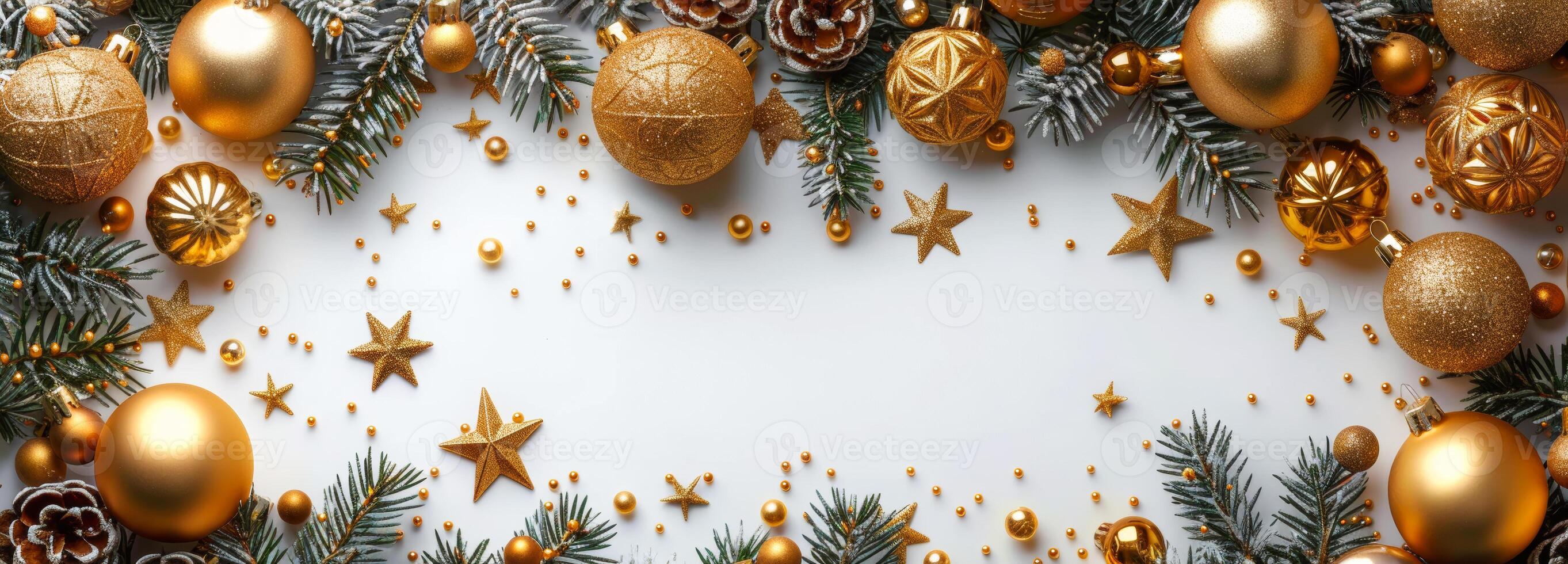 A gold and green Christmas tree with many gold and green ornaments. The tree is surrounded by a white background photo