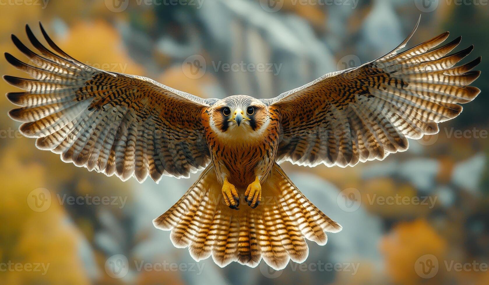 A bird with a yellow beak flies through the air. The bird is brown and has a yellow beak photo